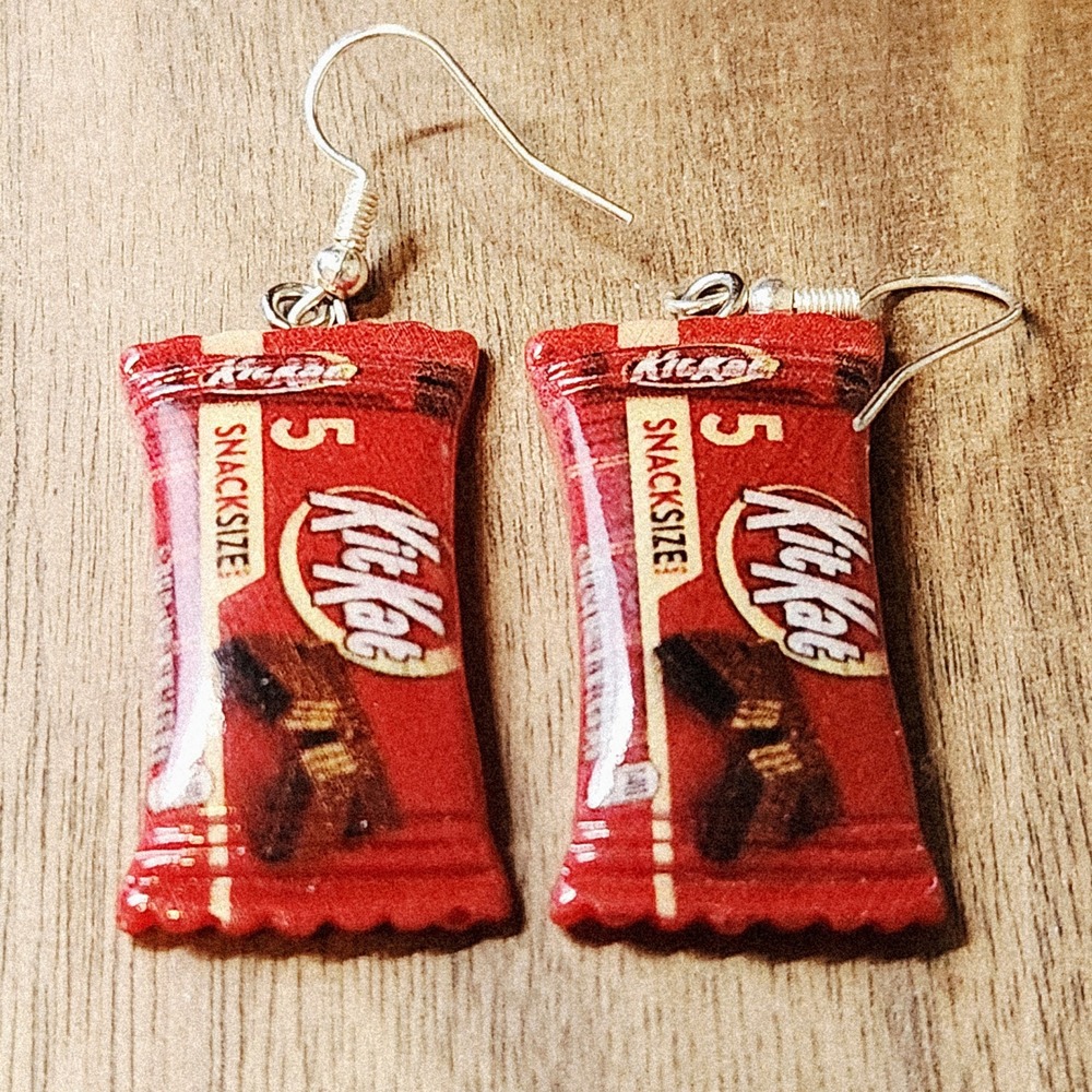 Handmade Snack Size Candy Bar Miniature Dangle Earrings Red Novelty